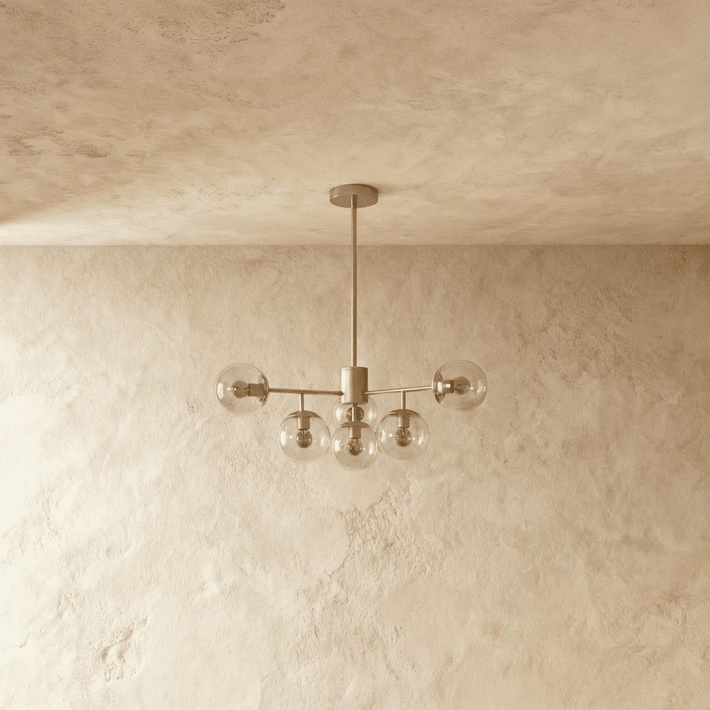 Clérachic gold chandelier with 5 pale cognac glass globes on straight arms, unlit, against a limewash wall.