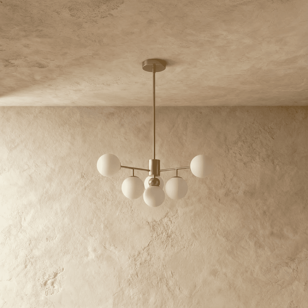 Clérachic gold chandelier with 5 milky white glass globes on straight arms, unlit, against a limewash wall.