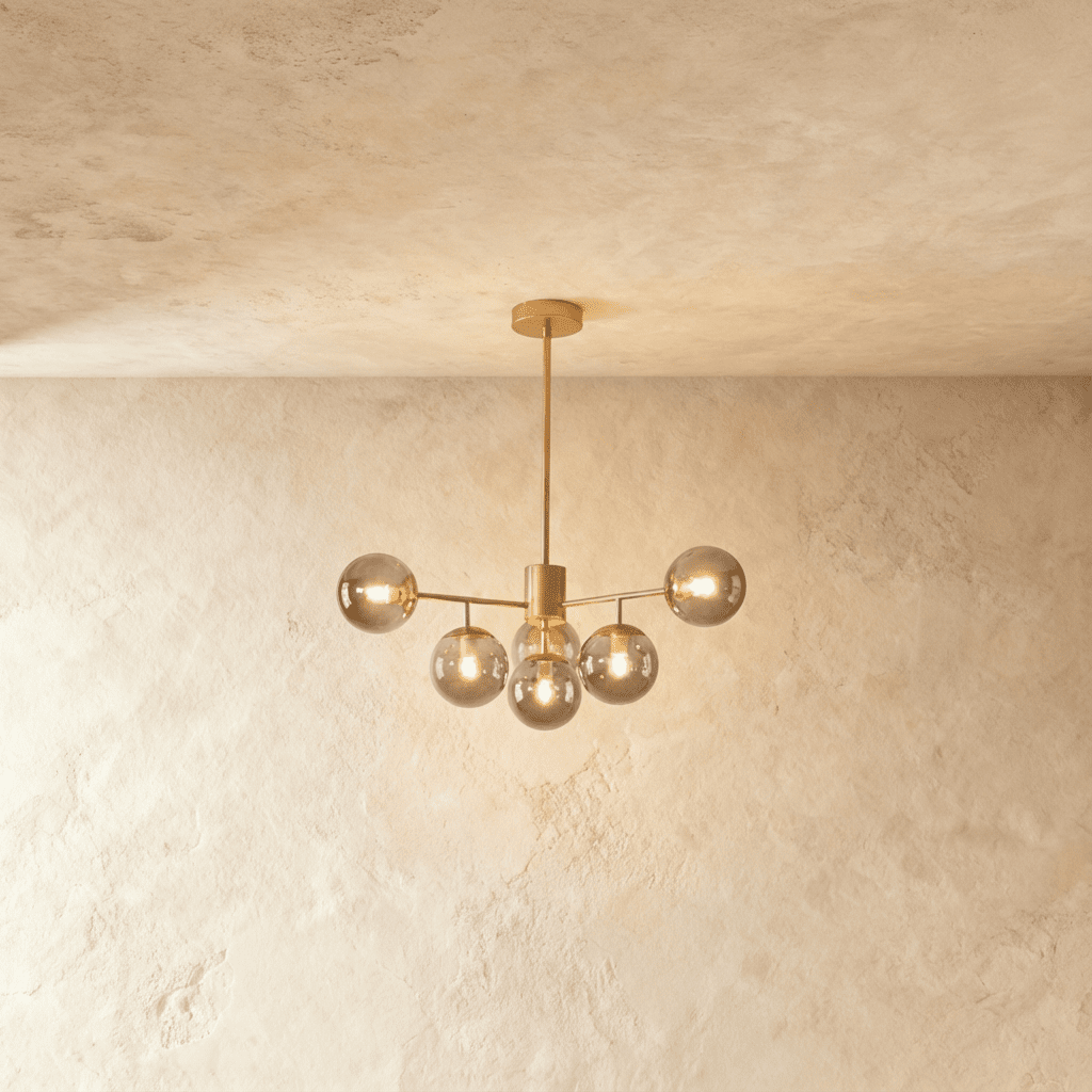 Clérachic gold chandelier with 5 smoky grey glass globes on straight arms, lit warm, against a limewash wall.
