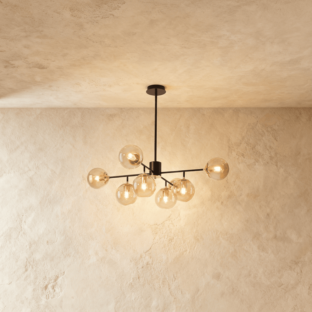Clérachic black chandelier with 7 cognac glass globes on straight arms, lit warm, against a limewash wall.