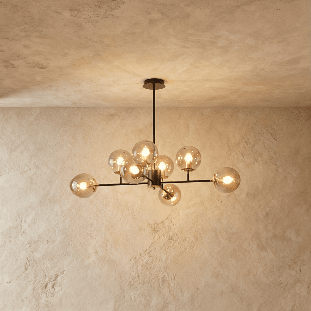 Clérachic black chandelier with 8 cognac glass globes on straight arms, lit warm, against a limewash wall.