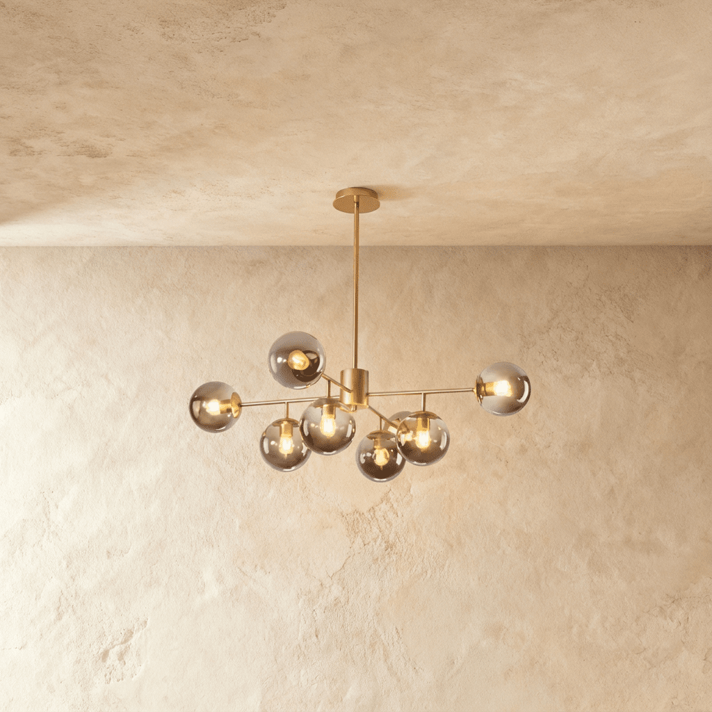 Clérachic gold chandelier with 7 smoky grey glass globes on straight arms, lit warm, against a limewash wall.