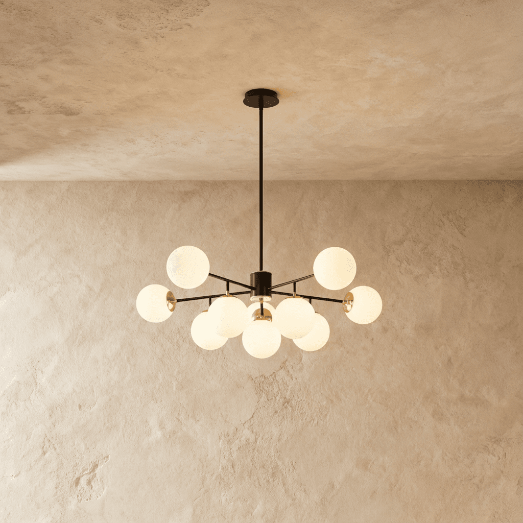 Clérachic black chandelier with 9 milky white glass globes on straight arms, lit warm, against a limewash wall.
