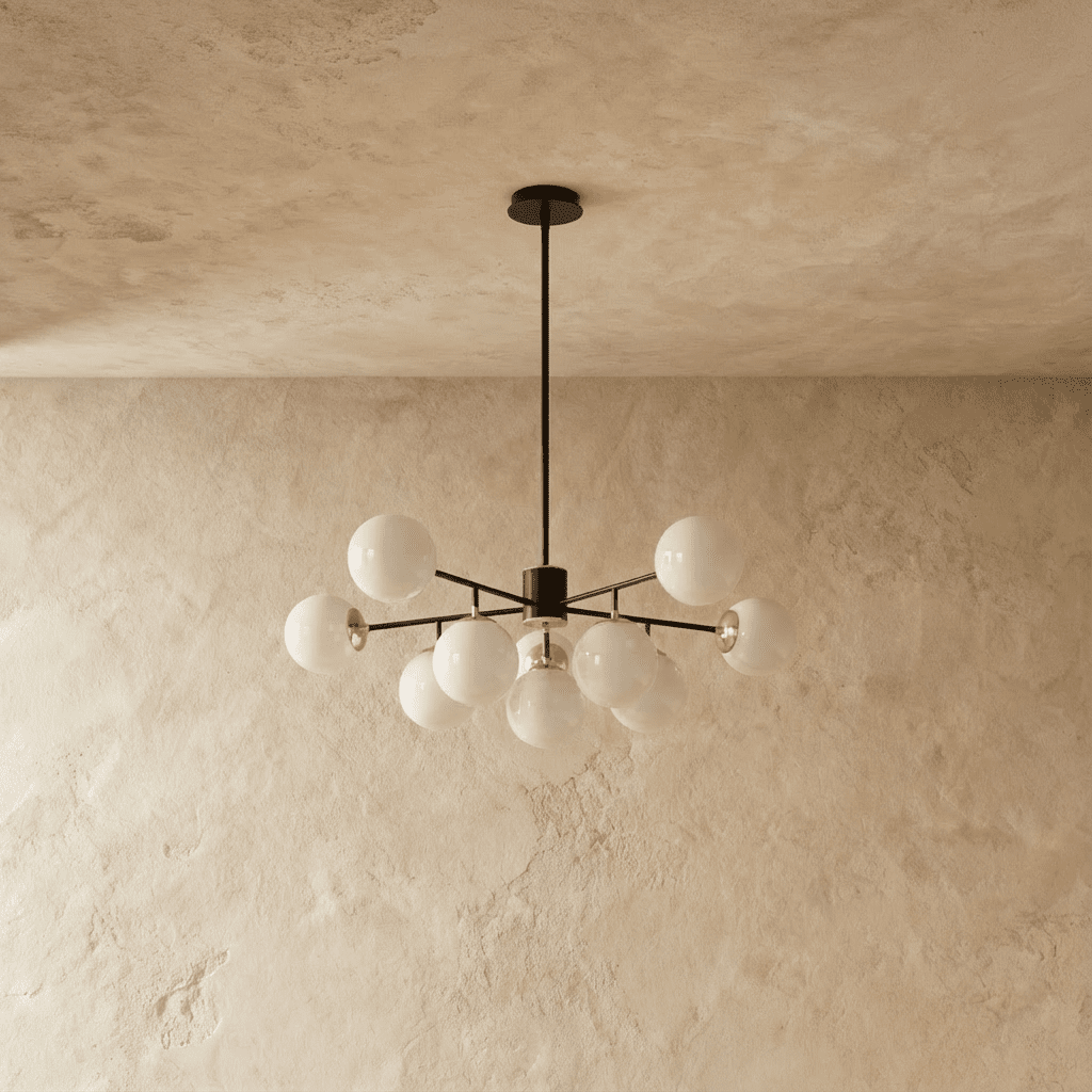 Clérachic black chandelier with 9 milky white glass globes on straight arms, unlit, against a limewash wall.