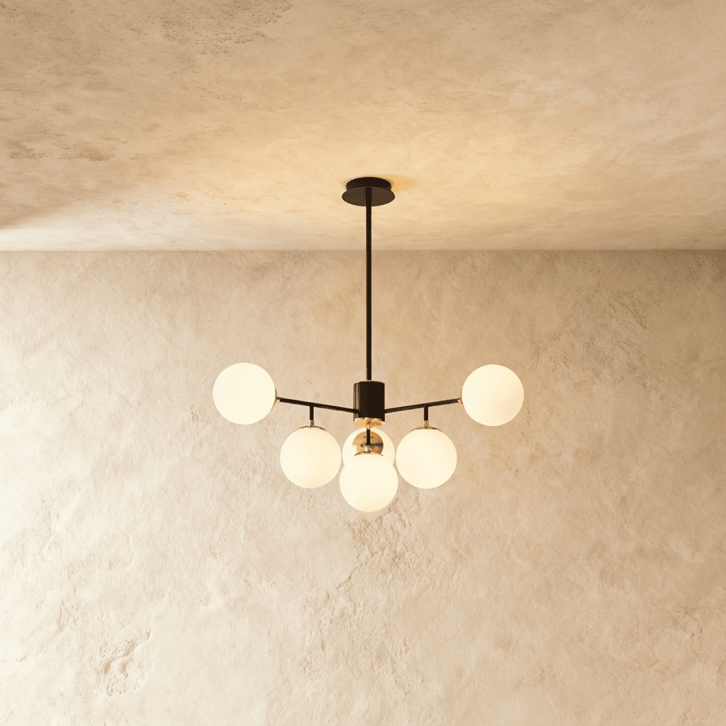 Clérachic black chandelier with 5 milky white glass globes on straight arms, lit warm, against a limewash wall.