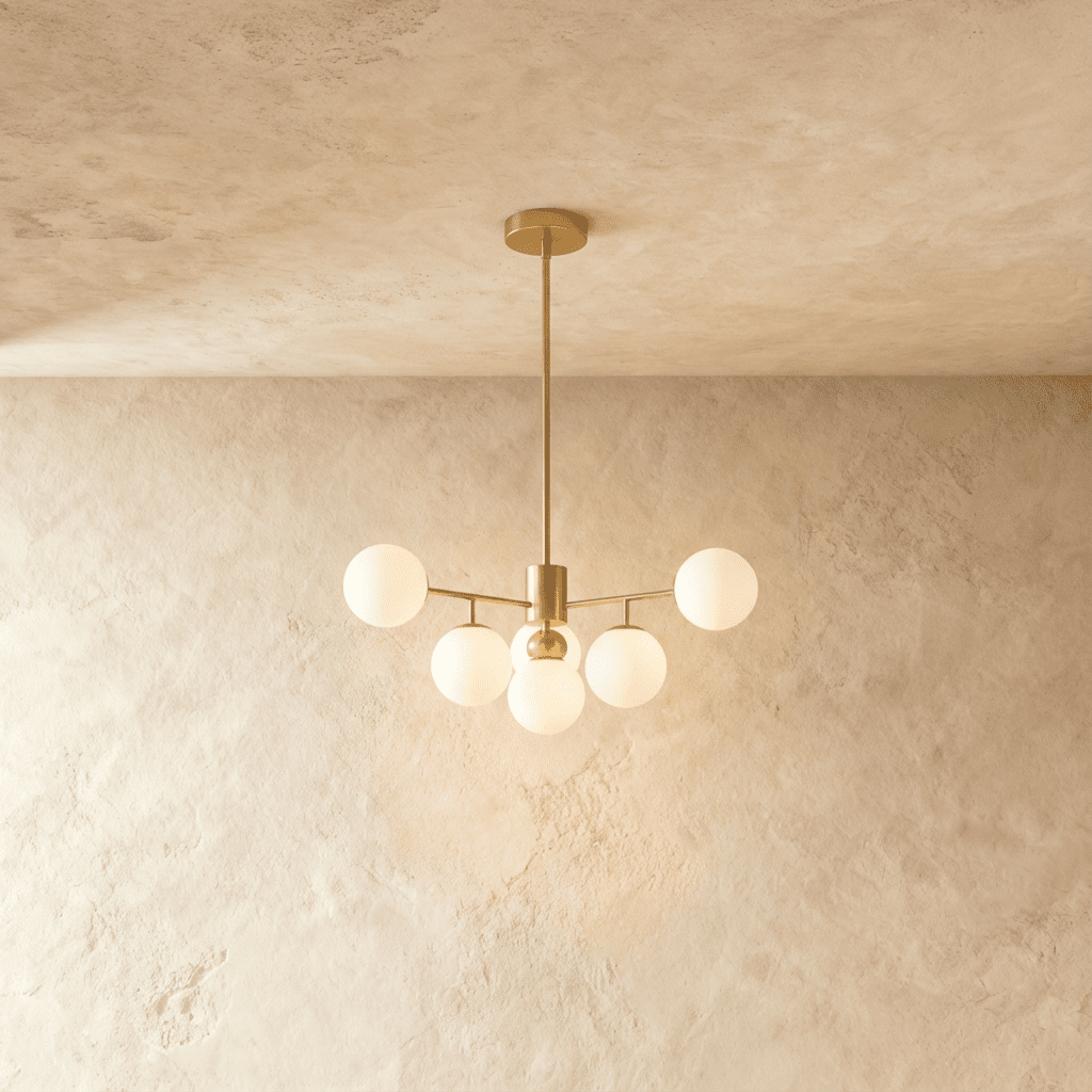 Clérachic gold chandelier with 5 milky white glass globes on straight arms, lit warm, against a limewash wall.