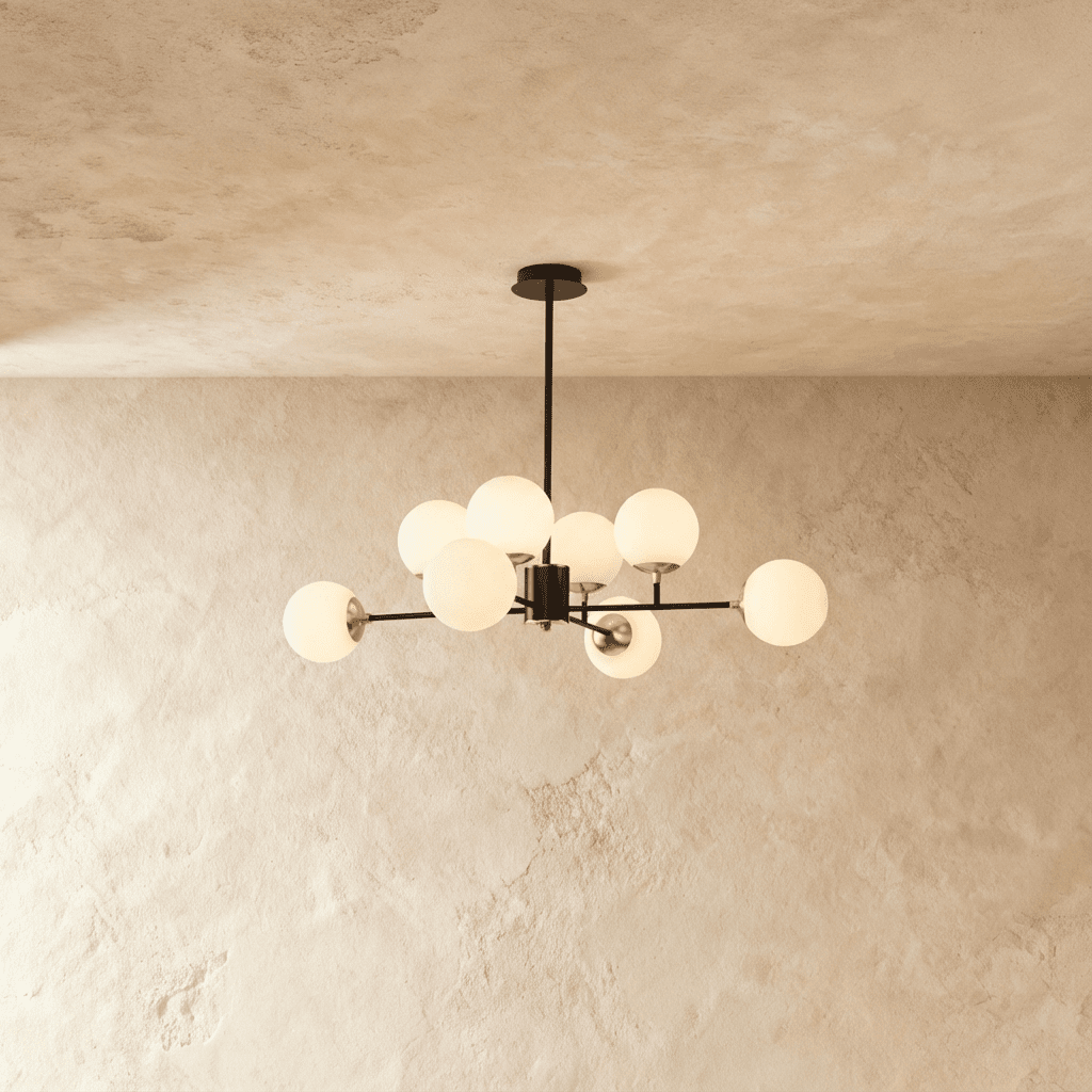 Clérachic black chandelier with 8 milky white glass globes on straight arms, unlit, against a limewash wall.