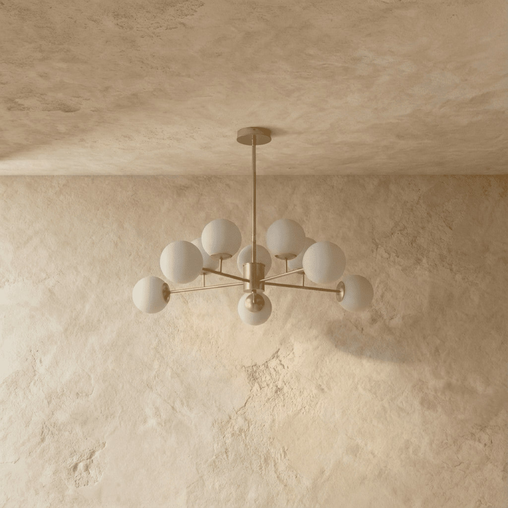 Clérachic gold chandelier with 9 milky white glass globes on straight arms, unlit, against a limewash wall.