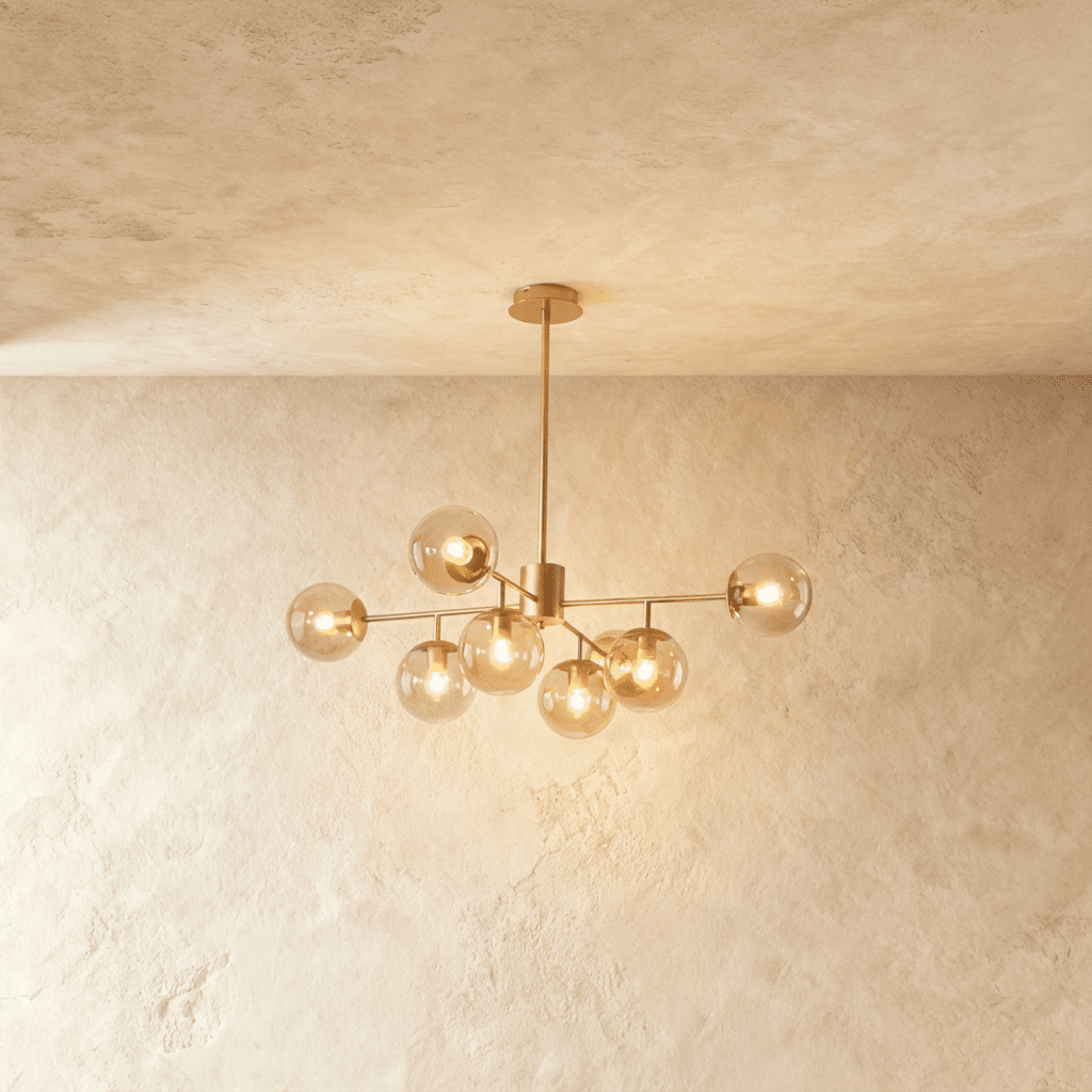 Clérachic gold chandelier with 7 cognac glass globes on straight arms, lit warm, against a limewash wall.