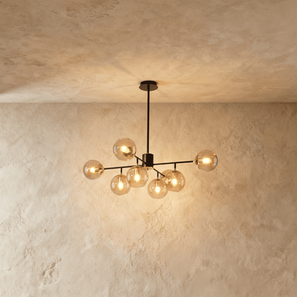 Clérachic black chandelier with 7 cognac glass globes on straight arms, lit warm, against a limewash wall.