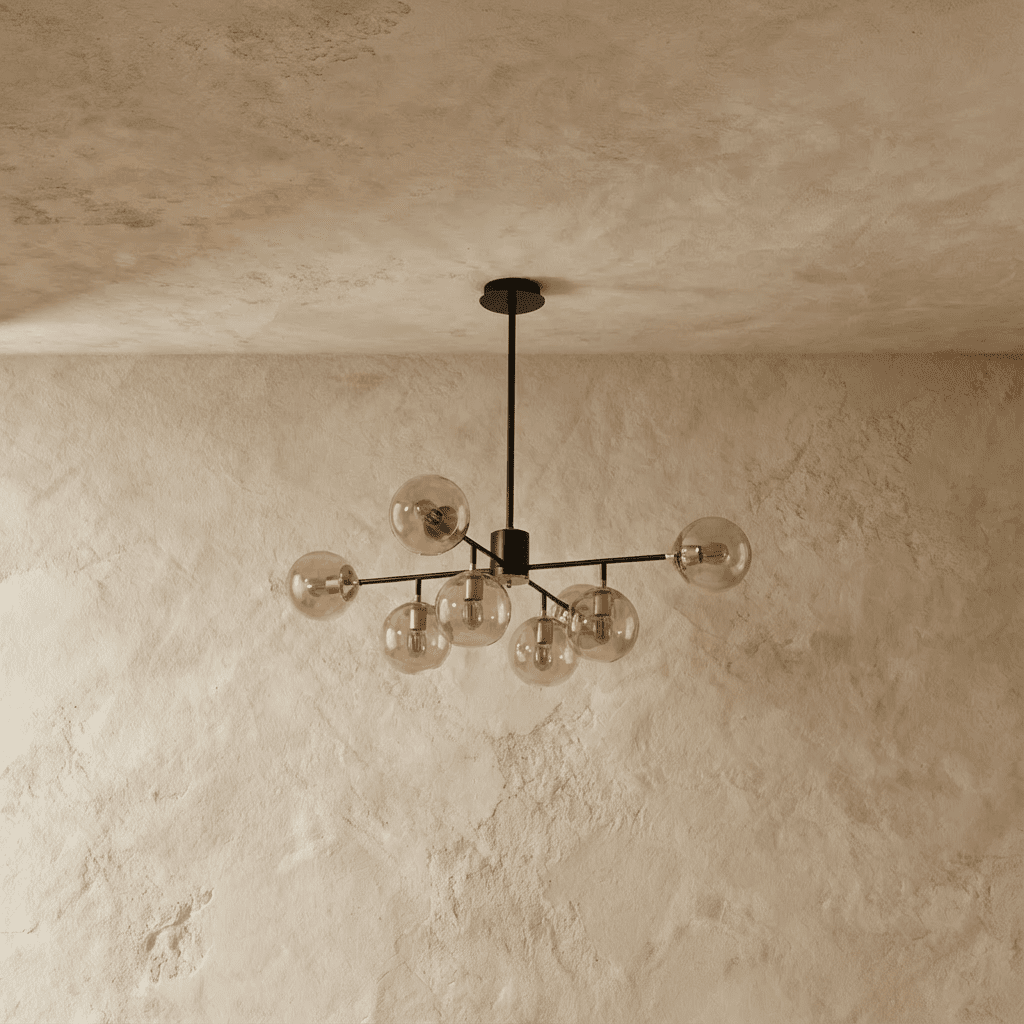 Clérachic black chandelier with 7 cognac-tinted glass globes on straight arms, unlit, against a limewash wall.
