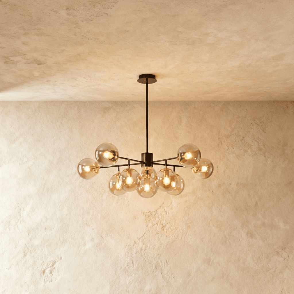Clérachic black chandelier with 9 cognac glass globes on straight arms, lit warm, against a limewash wall.