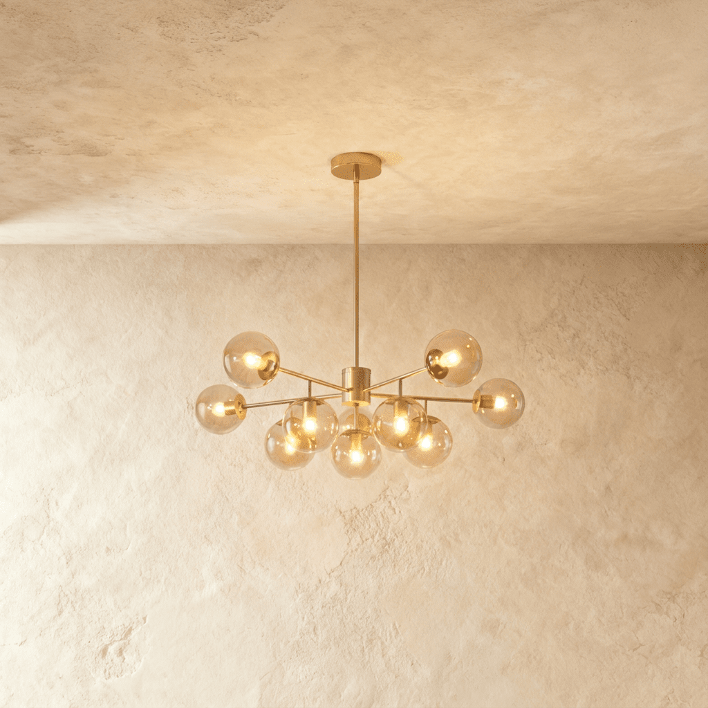 Clérachic gold chandelier with 9 cognac glass globes on straight arms, lit warm, against a limewash wall.