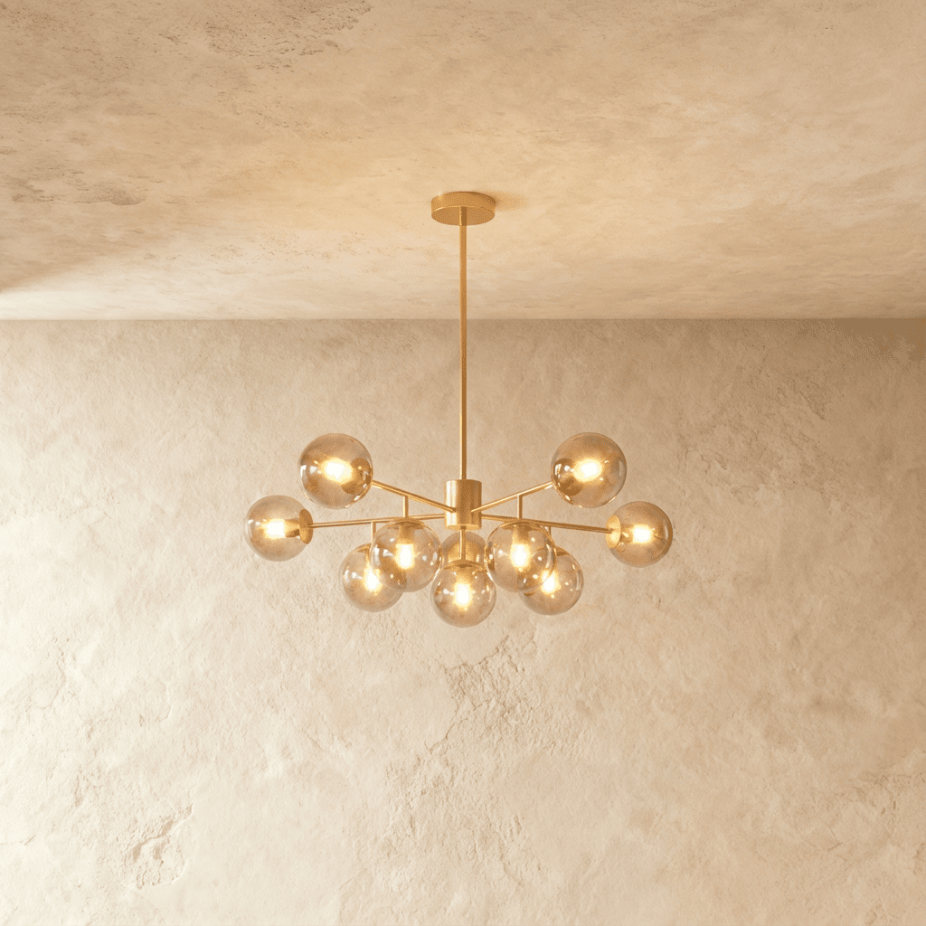 Clérachic gold chandelier with 9 smoked glass globes on straight arms, lit warm, against a limewash wall.