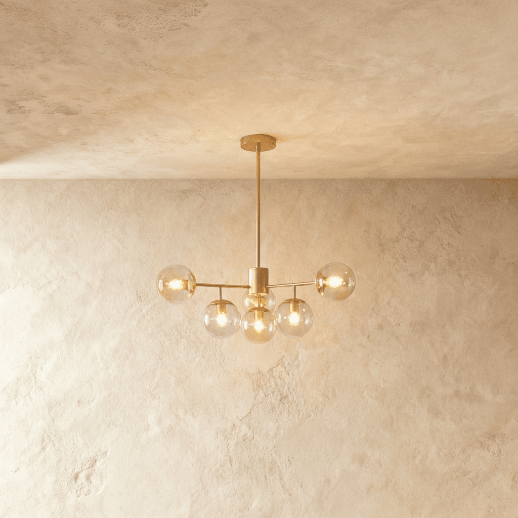 Clérachic gold chandelier with 5 cognac glass globes on straight arms, lit warm, against a limewash wall.