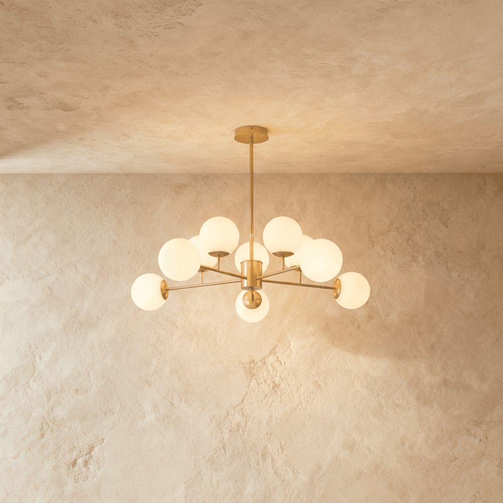 Clérachic gold chandelier with 9 milky white glass globes on straight arms, lit warm, against a limewash wall.