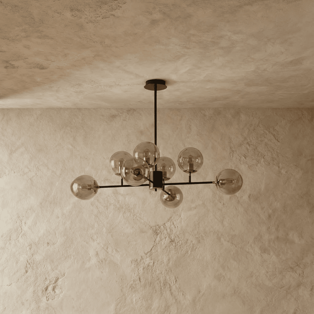 Clérachic black chandelier with 8 cognac-tinted glass globes on straight arms, unlit, against a limewash wall.