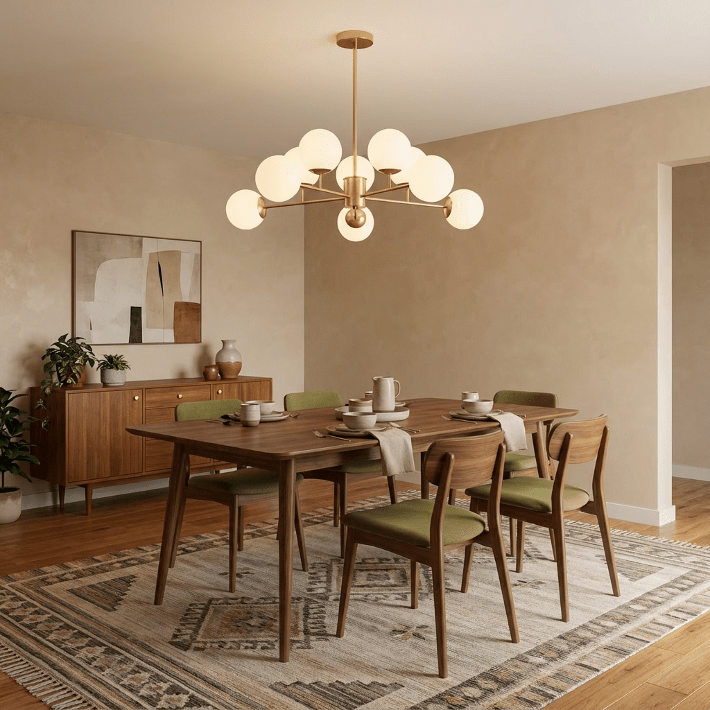 Clérachic gold chandelier with 9 milky white glass globes above a walnut dining table, in soft daylight, in a warm room.