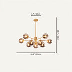 Clérachic gold chandelier with 9 smoky grey glass globes on straight arms, drawn with its 90 cm width and 68 cm height marked.