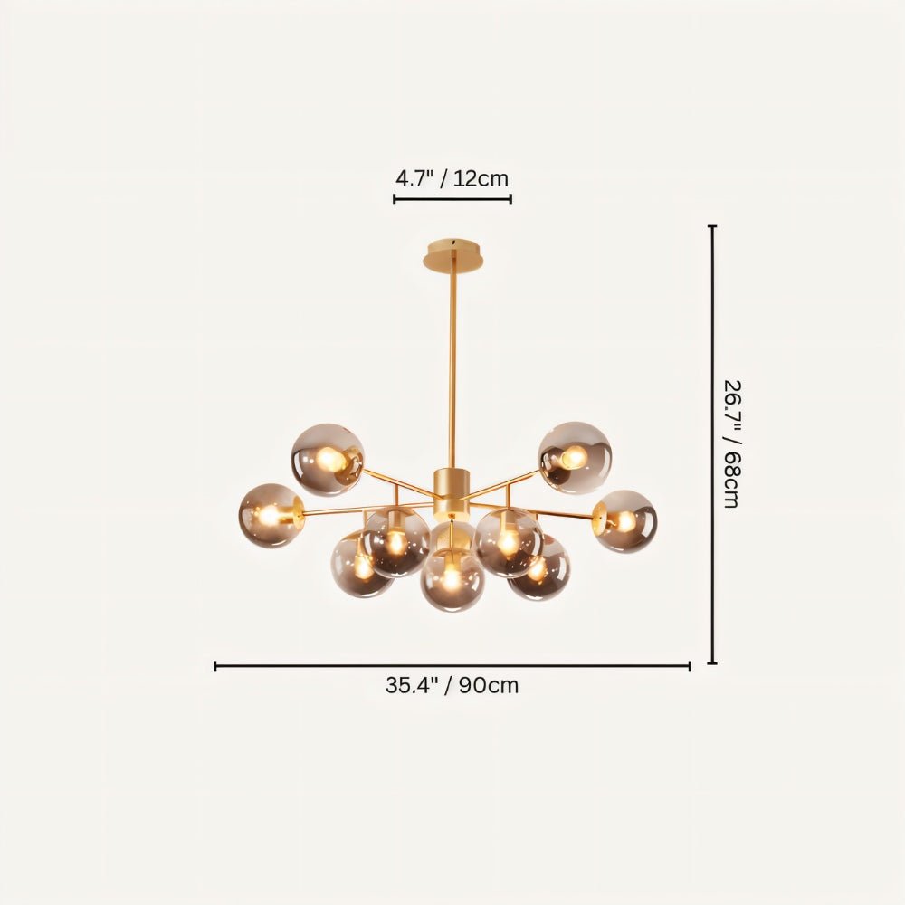 Clérachic gold chandelier with 9 smoky grey glass globes on straight arms, drawn with its 90 cm width and 68 cm height marked.