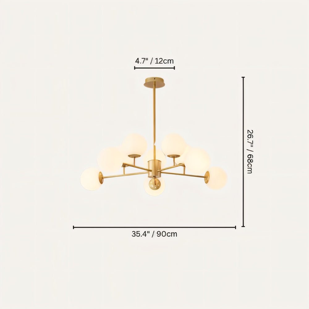 Clérachic gold chandelier with 9 milky white glass globes on straight arms, drawn with its 90 cm width and 68 cm height marked.