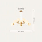 Clérachic gold chandelier with 9 milky white glass globes on straight arms, drawn with its 90 cm width and 68 cm height marked.
