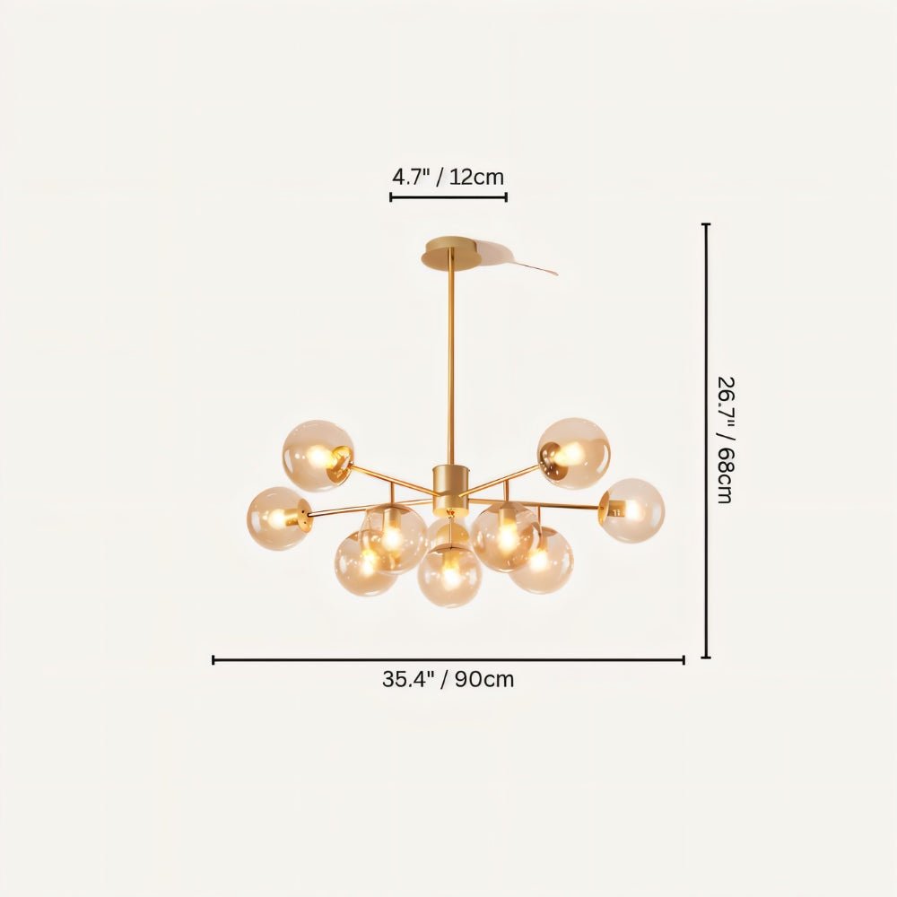 Clérachic gold chandelier with 9 cognac glass globes on straight arms, drawn with its 90 cm width and 68 cm height marked.