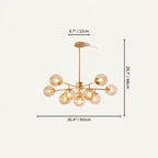 Clérachic gold chandelier with 9 cognac glass globes on straight arms, drawn with its 90 cm width and 68 cm height marked.