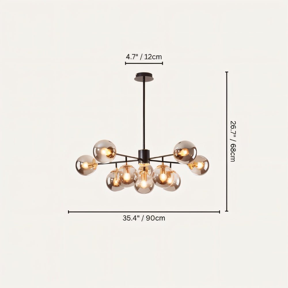 Clérachic black chandelier with 9 smoky grey glass globes on straight arms, drawn with its 90 cm width and 68 cm height marked.