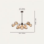 Clérachic black chandelier with 9 smoky grey glass globes on straight arms, drawn with its 90 cm width and 68 cm height marked.