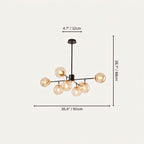 Clérachic black chandelier with 7 cognac glass globes on straight arms, drawn with its 90 cm width and 68 cm height marked.
