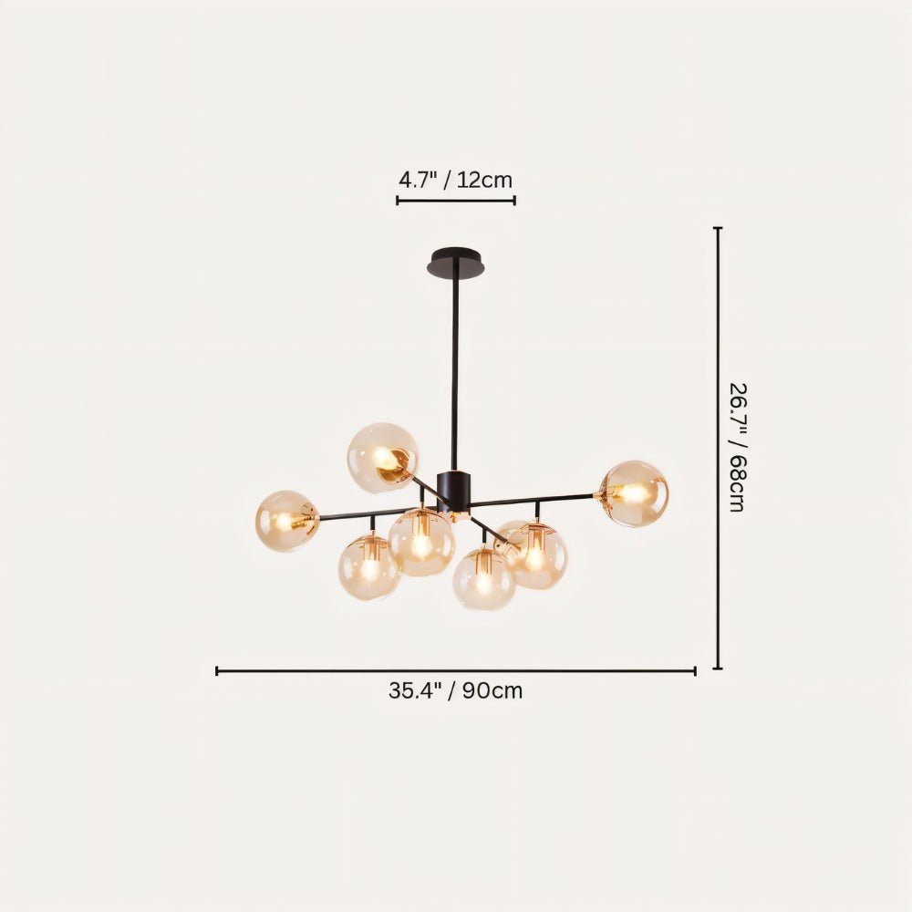Clérachic black chandelier with 7 cognac glass globes on straight arms, drawn with its 90 cm width and 68 cm height marked.
