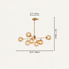 Clérachic gold chandelier with 7 cognac glass globes on straight arms, drawn with its 89 cm width and 68 cm height marked.