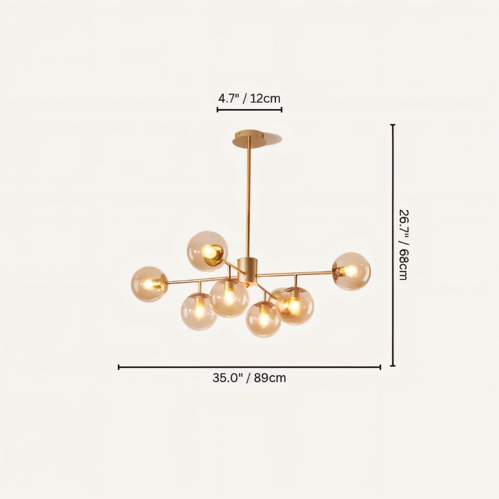 Clérachic gold chandelier with 7 cognac glass globes on straight arms, drawn with its 89 cm width and 68 cm height marked.