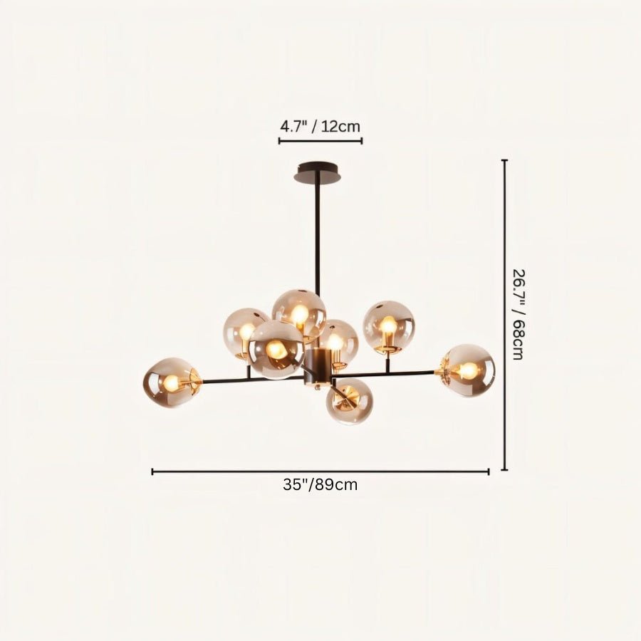 Clérachic black chandelier with 8 smoky grey glass globes on straight arms, drawn with its 89 cm width and 68 cm height marked.