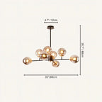 Clérachic black chandelier with 8 smoky grey glass globes on straight arms, drawn with its 89 cm width and 68 cm height marked.