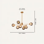 Clérachic gold chandelier with 7 smoky grey glass globes on straight arms, drawn with its 89 cm width and 68 cm height marked.