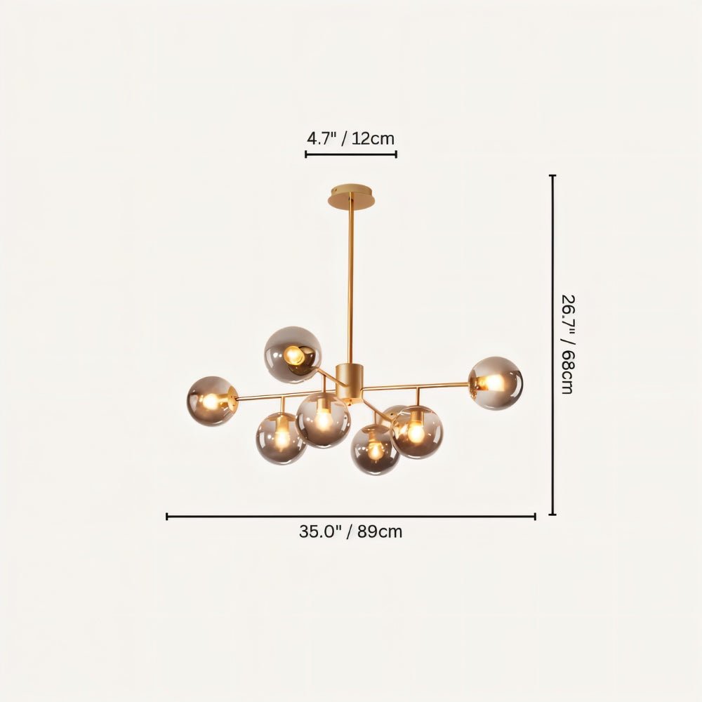 Clérachic gold chandelier with 7 smoky grey glass globes on straight arms, drawn with its 89 cm width and 68 cm height marked.