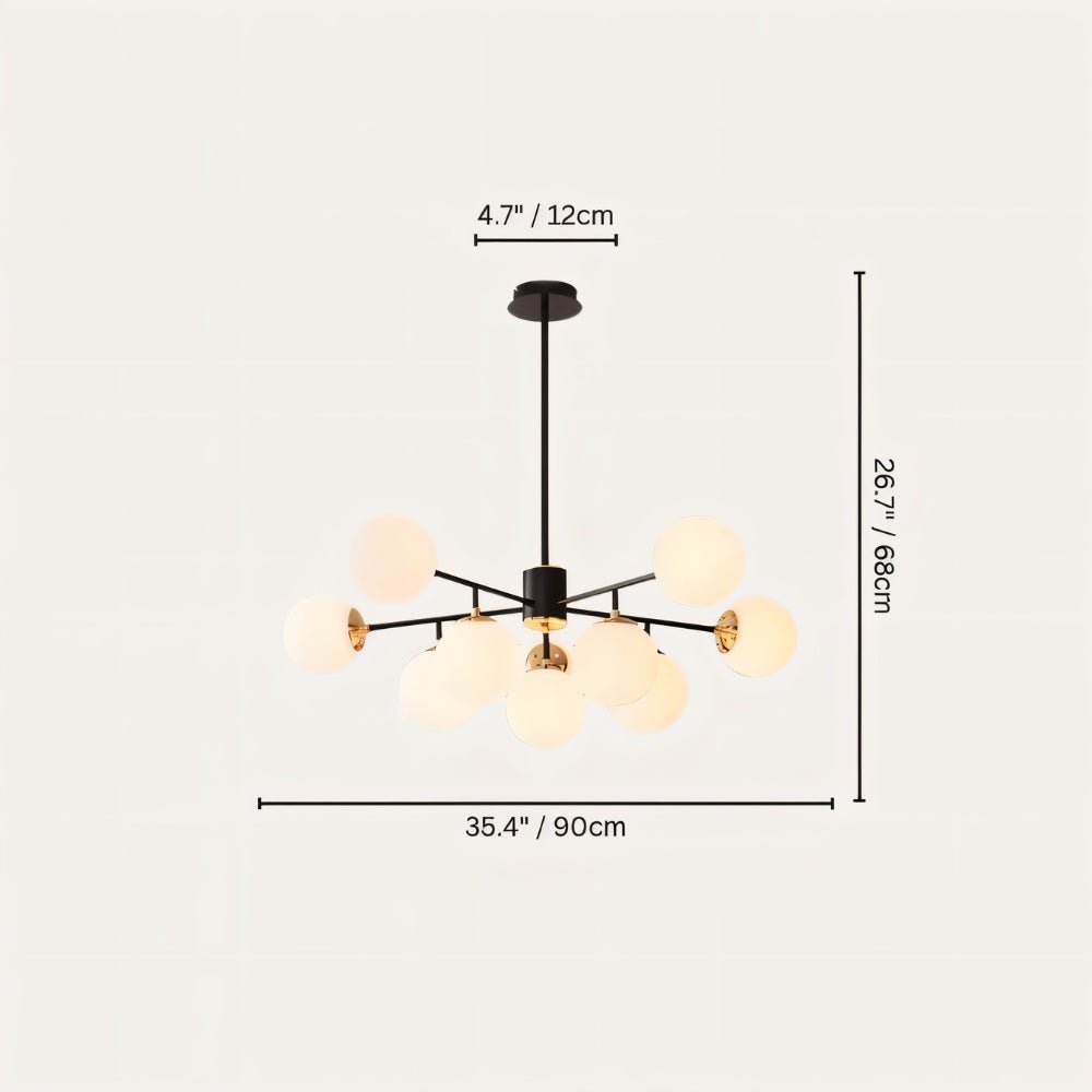 Clérachic black chandelier with 9 milky white glass globes on straight arms, drawn with its 90 cm width and 68 cm height marked.