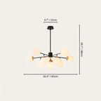 Clérachic black chandelier with 9 milky white glass globes on straight arms, drawn with its 90 cm width and 68 cm height marked.