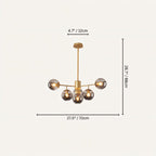 Clérachic gold chandelier with 5 smoky grey glass globes on straight arms, drawn with its 70 cm width and 68 cm height marked.