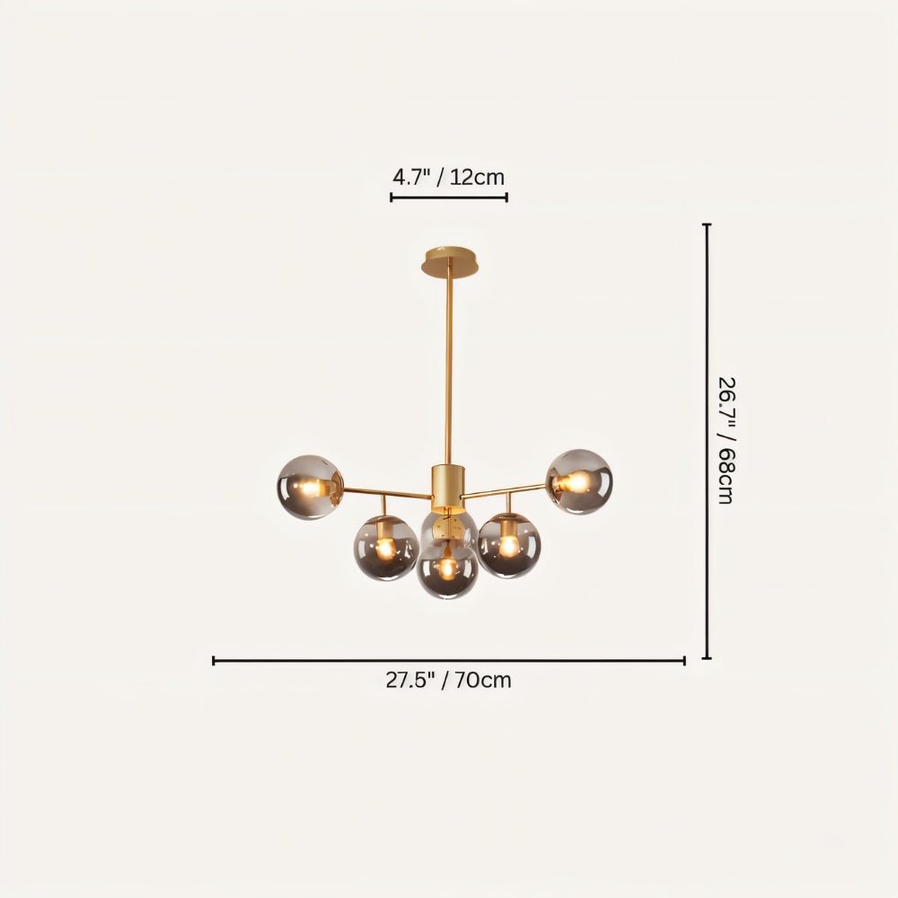 Clérachic gold chandelier with 5 smoky grey glass globes on straight arms, drawn with its 70 cm width and 68 cm height marked.