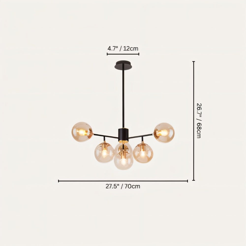 Clérachic black chandelier with 5 cognac glass globes on straight arms, drawn with its 70 cm width and 68 cm height marked.
