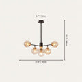 Clérachic black chandelier with 5 cognac glass globes on straight arms, drawn with its 70 cm width and 68 cm height marked.