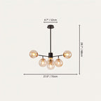Clérachic black chandelier with 5 cognac glass globes on straight arms, drawn with its 70 cm width and 68 cm height marked.