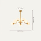 Clérachic gold chandelier with 9 milky white glass globes on straight arms, drawn with its 89 cm width and 68 cm height marked.