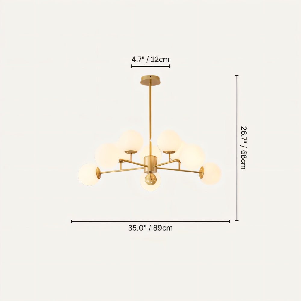 Clérachic gold chandelier with 9 milky white glass globes on straight arms, drawn with its 89 cm width and 68 cm height marked.