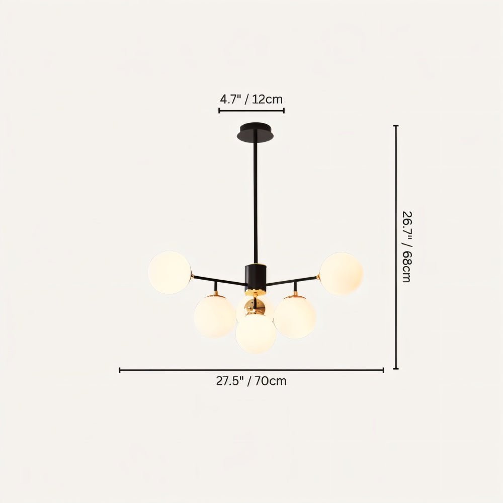 Clérachic black chandelier with 5 milky white glass globes on straight arms, drawn with its 70 cm width and 68 cm height marked.