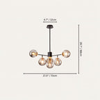 Clérachic black chandelier with 5 smoky grey glass globes on straight arms, drawn with its 70 cm width and 68 cm height marked.