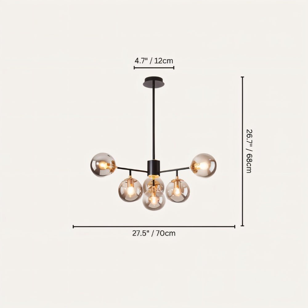 Clérachic black chandelier with 5 smoky grey glass globes on straight arms, drawn with its 70 cm width and 68 cm height marked.